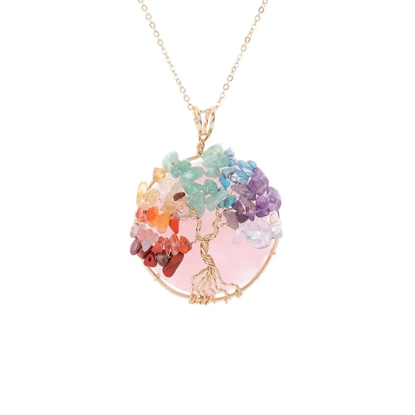 

FYJS Unique Light Yellow Gold Color Wire Wrap Rose Pink Quartz Pendant Healing Chakra Necklace Amethysts Stone Jewelry