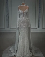 luxury pearls lace spaghetti straps wedding dresses sweetheart long sleeve lllusion mermaid cloak crystal bridal gowns