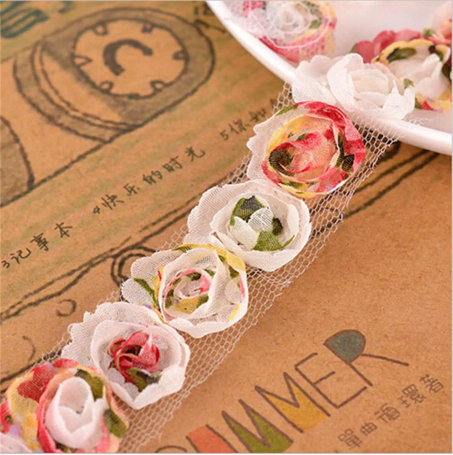 2 ярда Одиночная шифоновая цветная Роза цветок вышитая кружевная отделка Лента