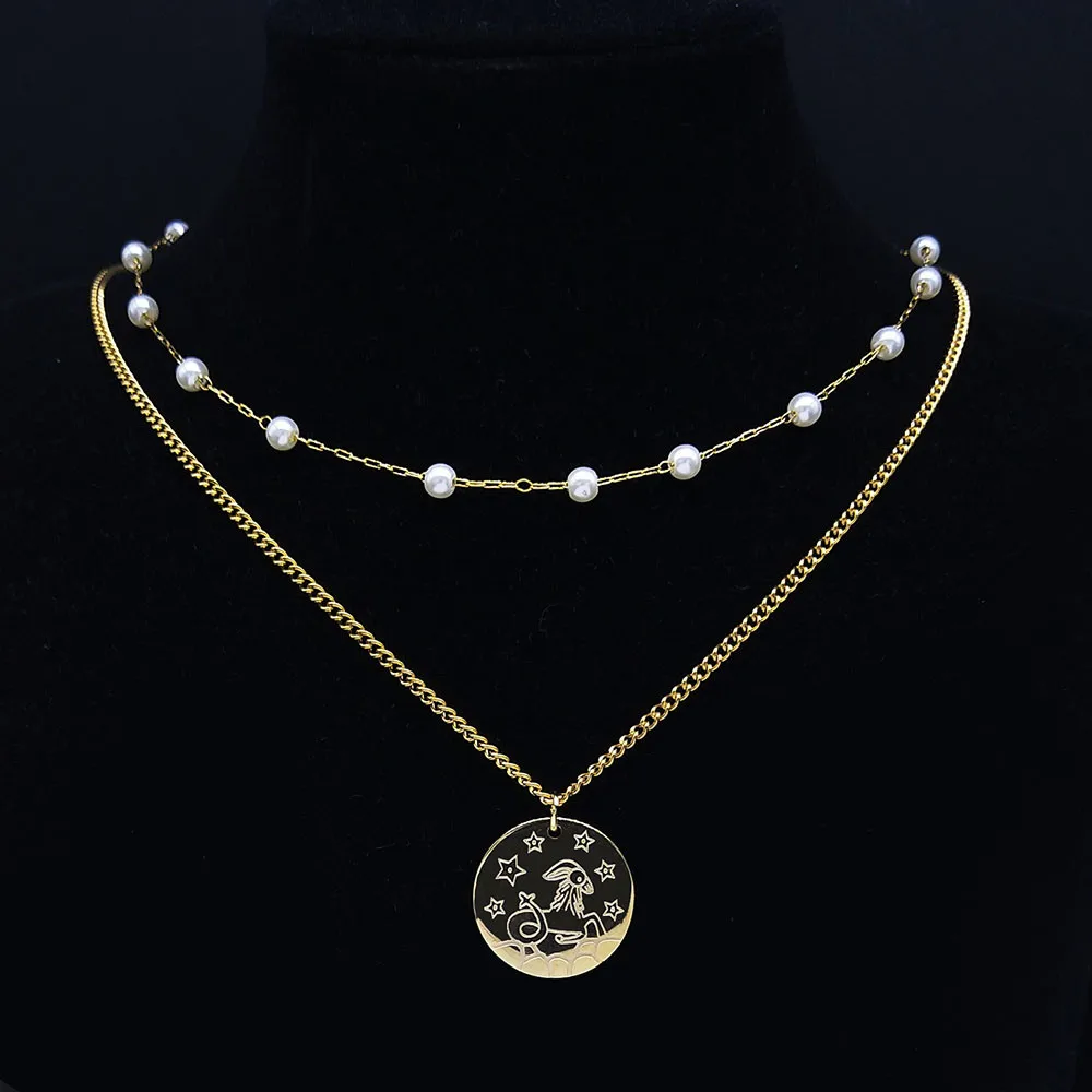 

2PCS 12 Constellations Capricorn Stainless Steel Pearl Layered Necklaces Gold Color Astrology Necklace Jewelry bijoux N9203S04