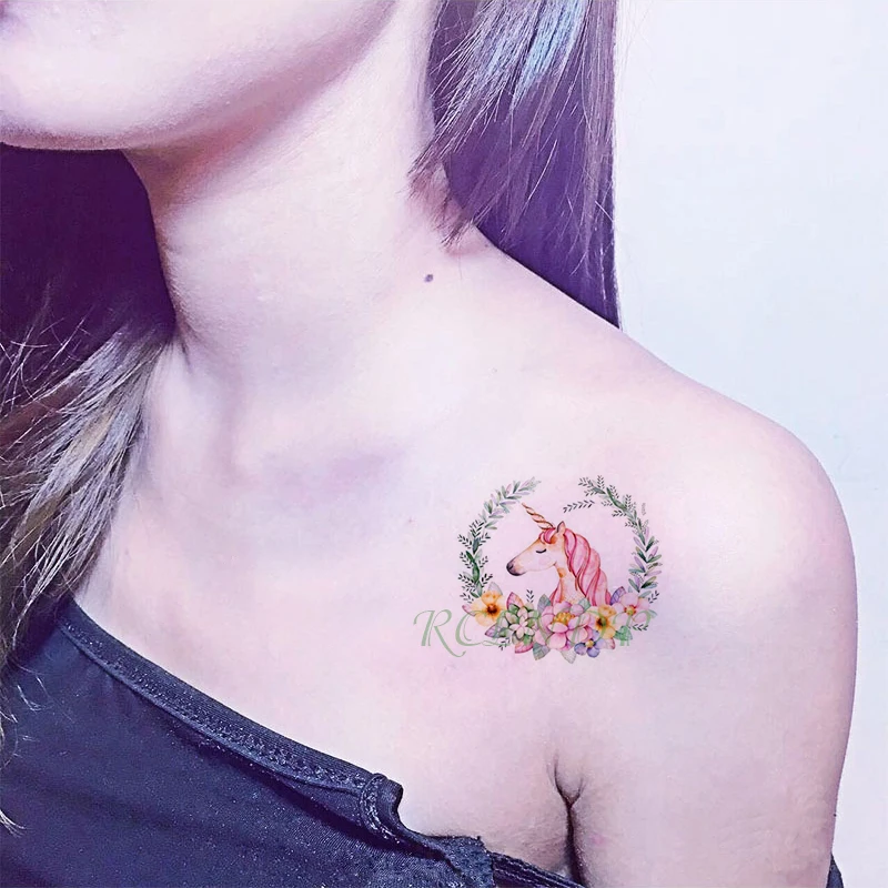 Временная водонепроницаемая наклейка для татуировки с единорогом, цветами и искусством. Фальшивые татуировки для детей, мужчин, женщин и девочек.