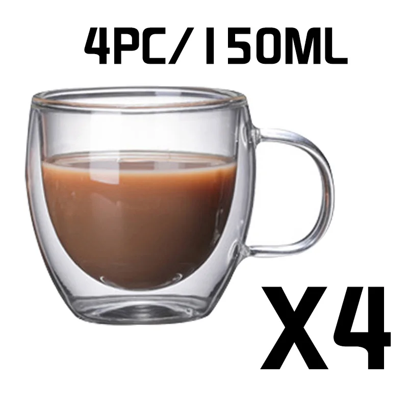 4PC glass 150ML Кофейные кружки с ручкой чашки для напитков с двойными стенками, стеклянная чайная чашка с изоляцией, стакан для напитков, бокал для вина es - Цвет: 4PC glass 150ML