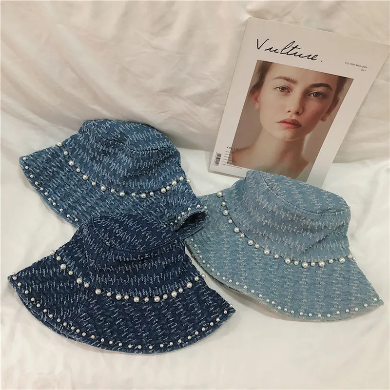 Summer Wild Pearl Denim Bucket Hats Fashion Statement Distressed Design Sun Hats for Women Travel Sunscreen Essentials