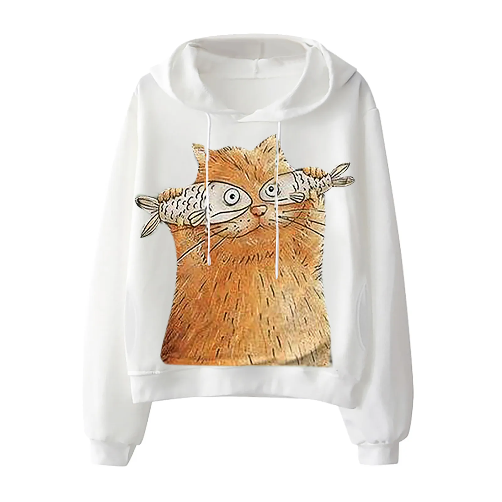

Cute Cartoon Cat Print Hooded Sweatshirt Animal Printed Fashion Women Casual Long Sleeve Pullover Autumn Daily Warm Clothes NEW