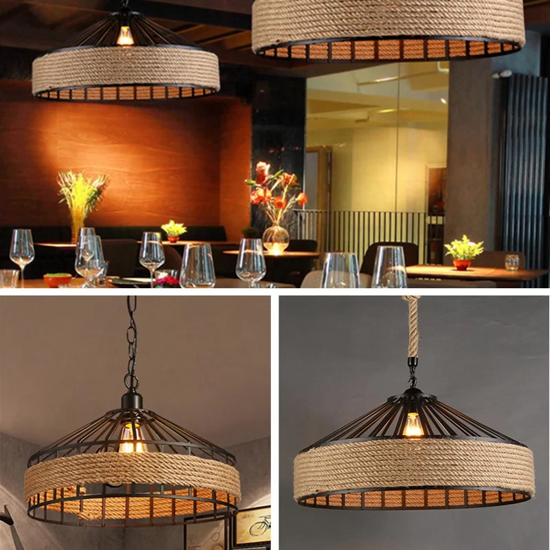 

Vintage Industrial Hemp Rope Ceiling Lamp Home Bar Restaurant Round Chandelier Decorative Night Light (Without Bulb) 30cm