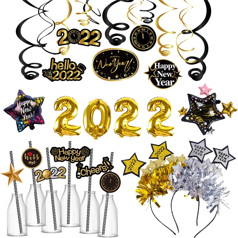 

2022 Foil Number Balloons Hanging Swirls Straws Headband New Year Party Gift New Year Eve Party Supplies Navidad noel 2022