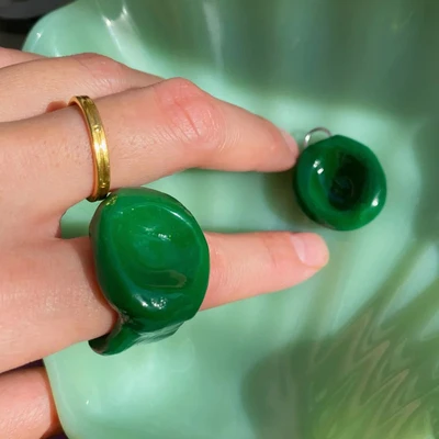 

Women's Niche Green Baked Ring Candy Color Premium Sense Irregular Round Enamel Glaze finger ring ins tide