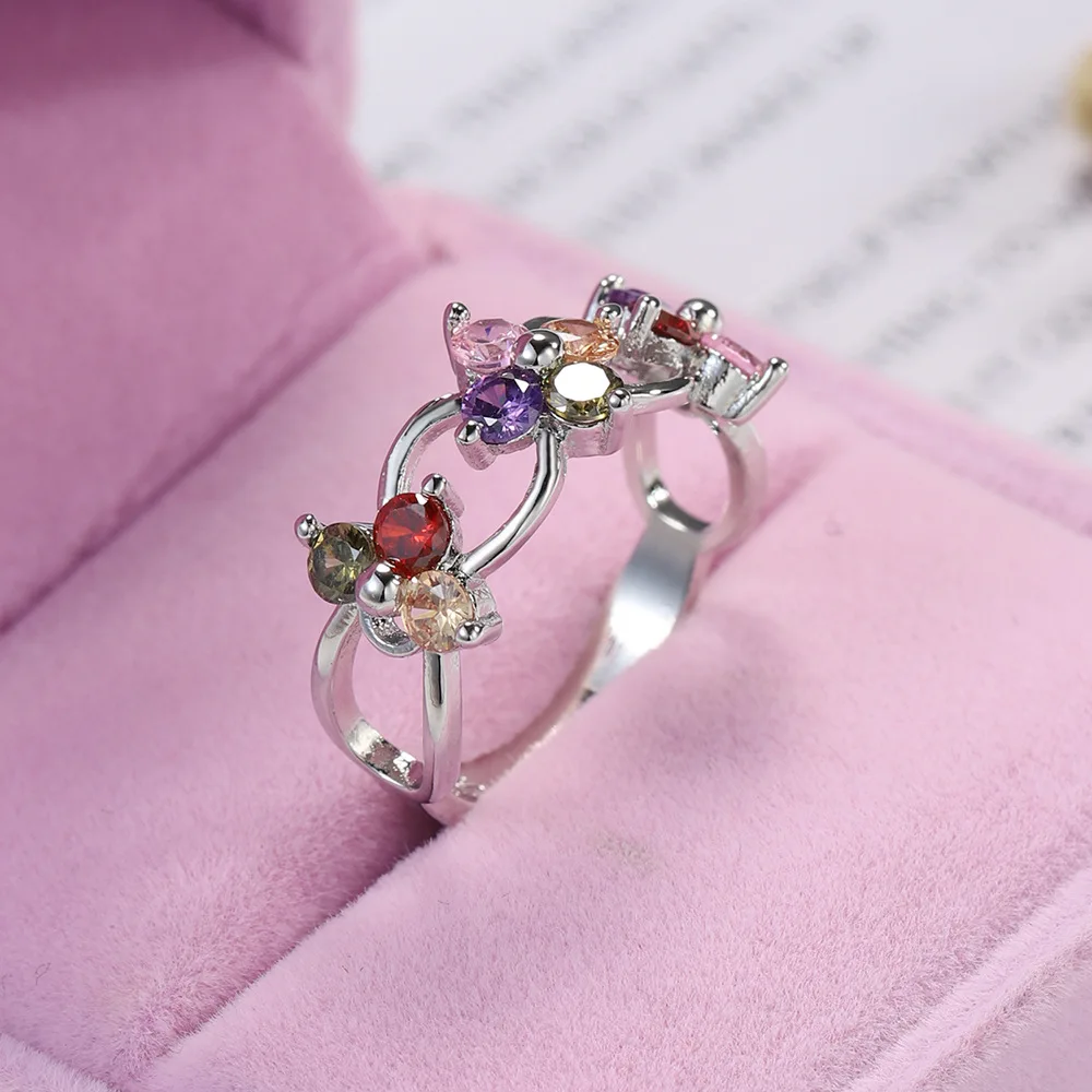Top Quality Authentic Silver Color Plum Flower Ring Micro Pave Multicolor CZ Women Party Wedding Jewelry Gifts Wholesale | Украшения и