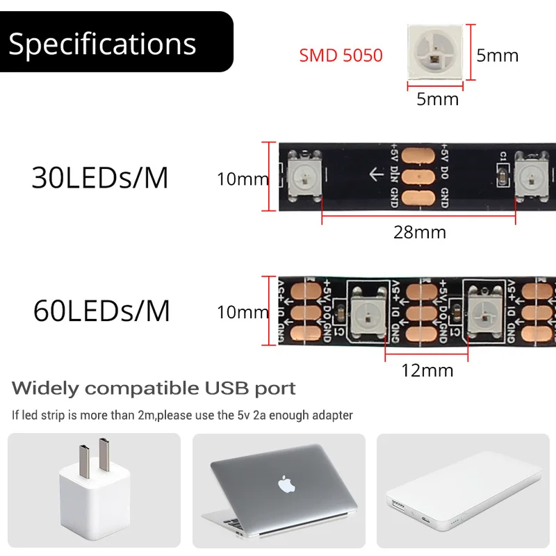 DC 5 В Светодиодная лента светильник USB WS2812b 2812 RGB лента приложение Bluetooth контроллер 5050 ТВ задний светильник Ambi светильник пиксель полоса 1 м 2 м 3M