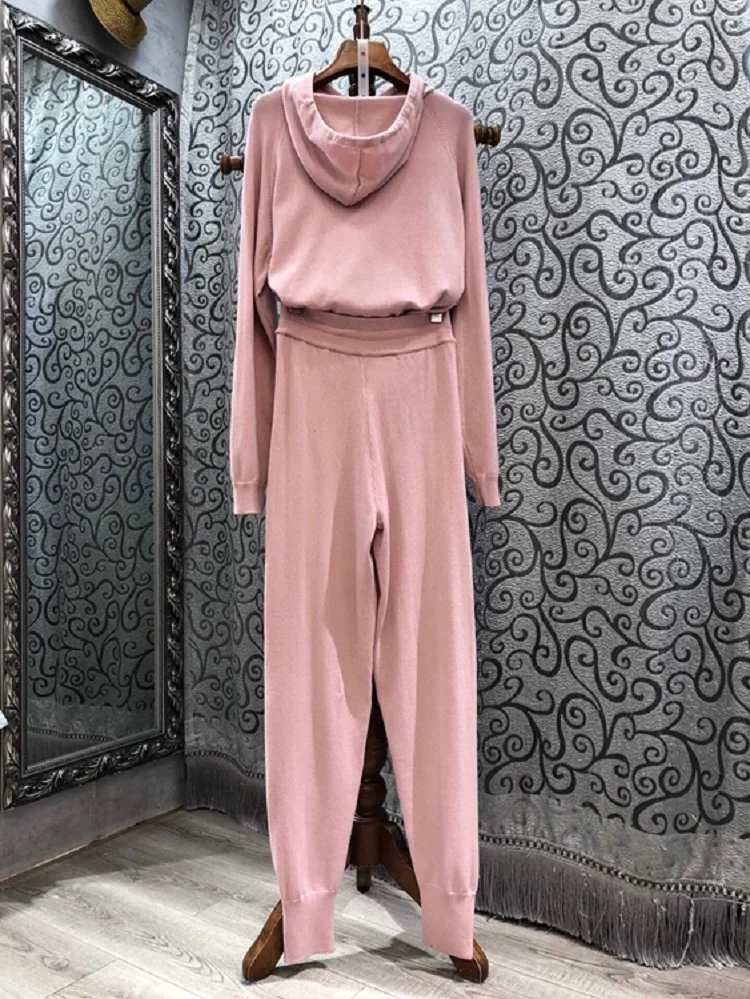 

Hooded Sweatshirt Sets 2020 Autumn Winter Fashion Tracksuit Women Knitted Pullovers+Drawstring Waist Pink Knitted Pant Sets 2pc