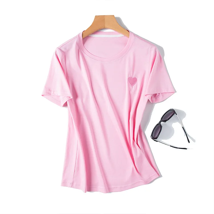 

2021 New Double Sided High Count Pure Cotton Round Neck Embroidered Mercerized Cotton Short Sleeve Women's T-shirt Lady Dress