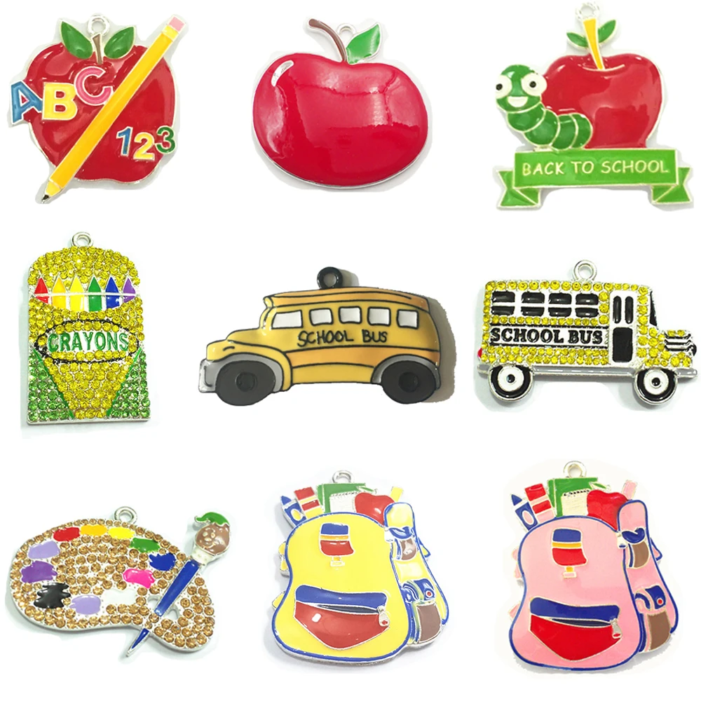 

( Choose Design First ) 10pcs/bag Back to School Series Bus,Crayon,Bookworm,Apple,Pencil Pendants For DIY Necklace Making