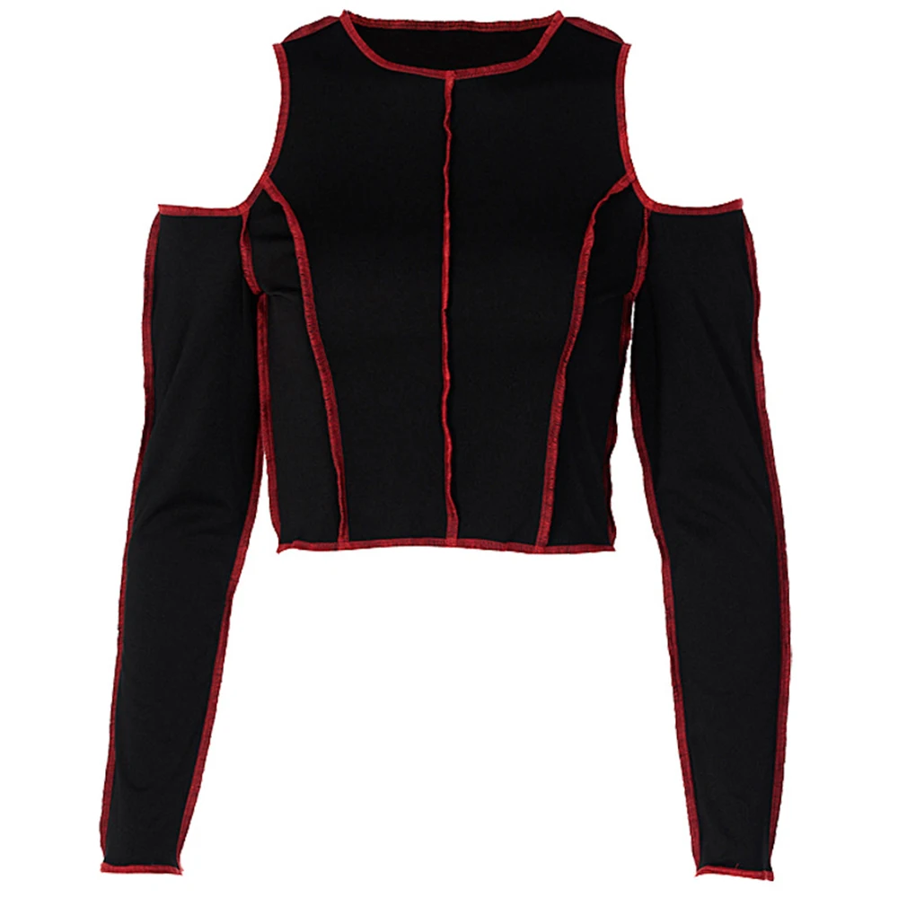 

Autumn Streetwear Women's Slim Patchwork round neck Open Shoulder Crop long-sleeved Sexy Punk Style soft T-shirt