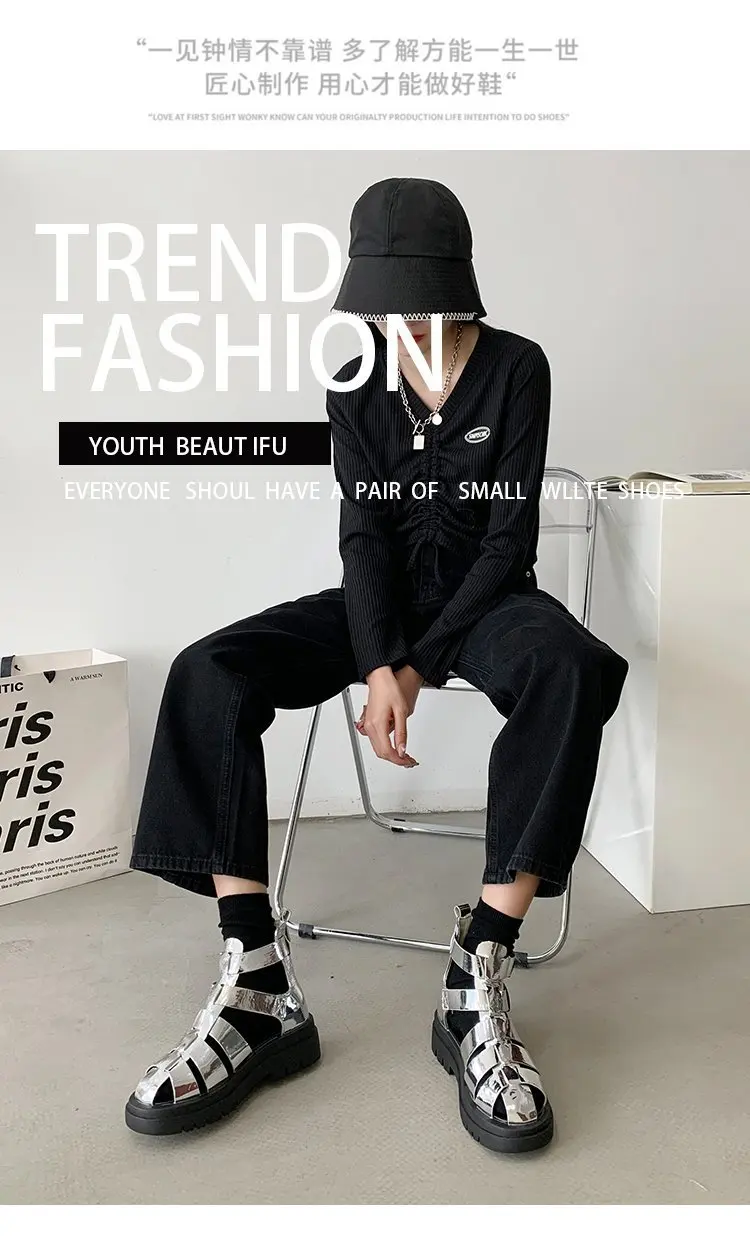 

Roman Shoes Women's Summer Versatile Patent Leather 2021 Height Increasing Leisure Hollow-out Sandal Popular Platform Sandals