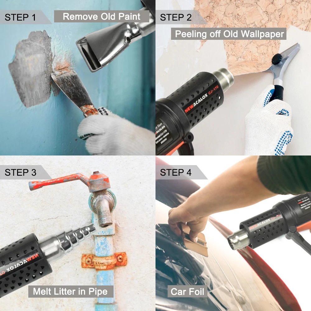 

NEWACALOX 2000W 220V Industrial Hot Air Gun Adjustable Temperature Heat Gun with 4pc Nozzles Shrink Wrapping Thermal Power Tool