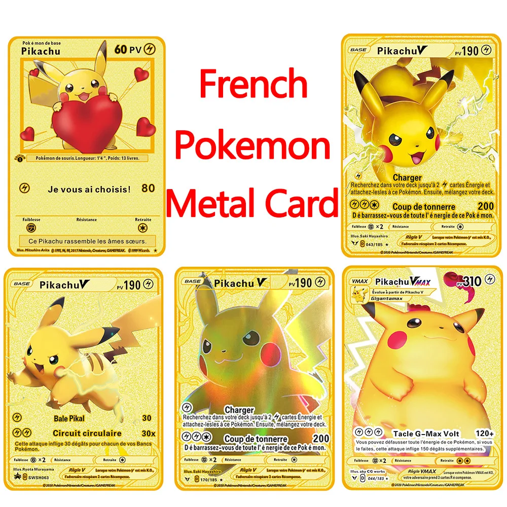 

5Pcs French Pokemon Metal Cards Pikachu Display Playing Game V VMAX Gold Card Francaise Pokémon Collection Kids Toys Cool Gift