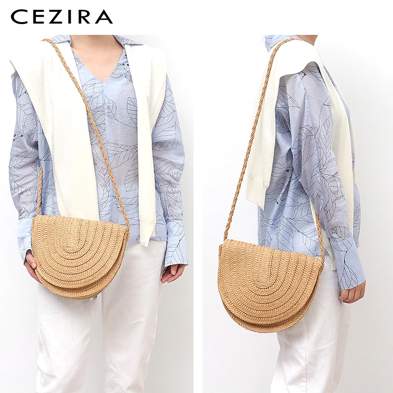 

CEZIRA Handmade Straw Women Messenger Bag Girl Casual Shoulder Flap Handbag Summer Beach Holiday Style Woven Long Belt Crossbody