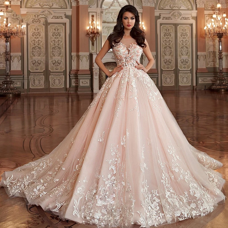 

Luxury Wedding Dresses Sleeveless O Neck 3D Applique Charming Gowns Sexy Backless Handmade Beads Court Train Robe de mariée