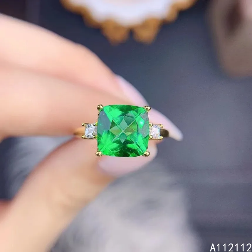 

Fine Jewelry 925 Sterling Silver Inset With Natural Gemstone Women Luxury Fashion Square Green Topaz Adjustable Ring Support Det