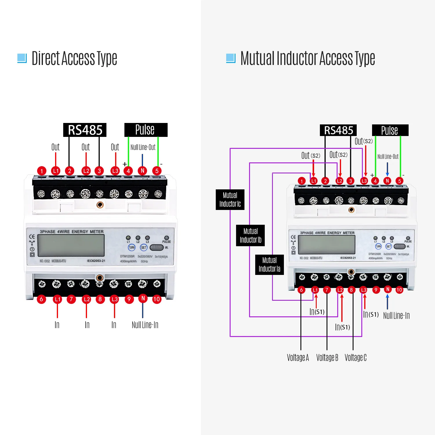 

3 Phase 4 Wire DIN-Rail Energy Meter RS485 MODBUS Protocol AC220/380V Electronic KWh Meter Power Consumption Monitor DTM125SR
