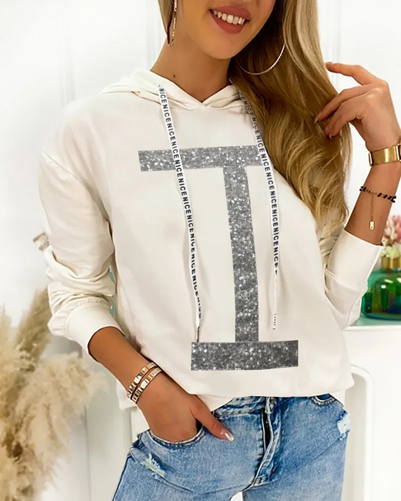 

RECYCLED Sequins Hooded Long Sleeve Top