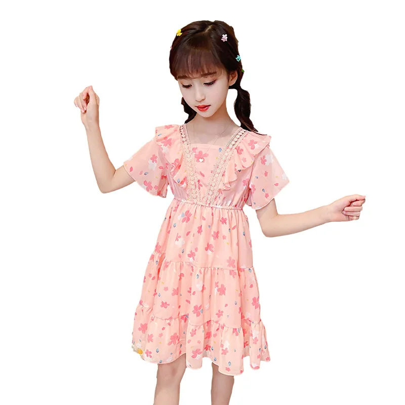 

Children Chiffon Flower Girl Dresses Kids Clothes Girls Thin Print Short Sleeve Lace Collar Summer Dress Princess Casual Dress