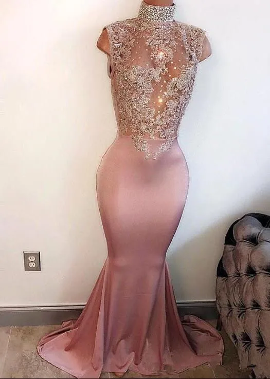 

See Through Prom Dress Mermaid High Collar Cap Sleeves Appliques Beaded Long Prom Gown Evening Dresses Robe De Soiree