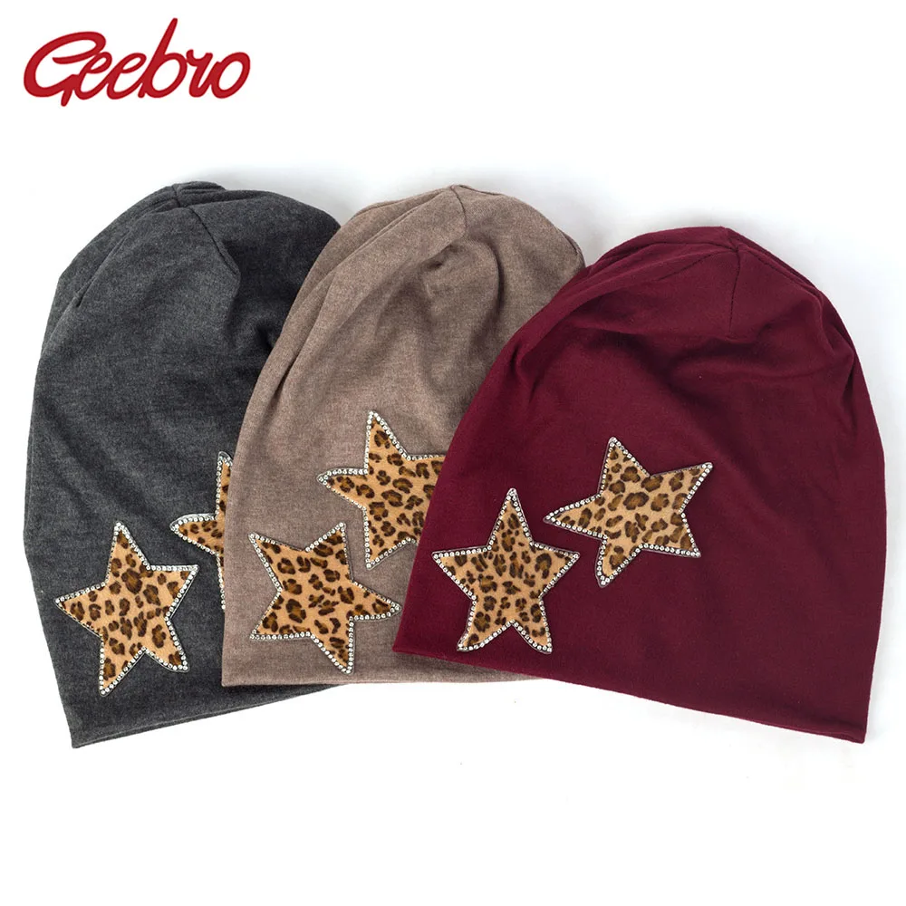 Geebro Winter Leopard Star Rhinestones Skullies Beanies For Women Female Cotton Elastic Baggy Hats Solid Color Bonnet Caps DT950 |