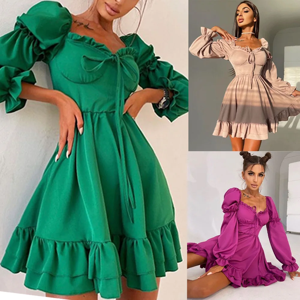 

2022 Summer Sexy 6-color Optional Dress Women Solid Color High Waist Bowknot Bodycon Pleated Dress Vestido De Mujer