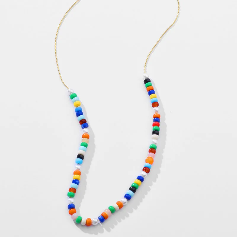 

HUIDANG New Style Women Fall Jewelry Long Necklace Rainbow Colorful Beaded Necklaces