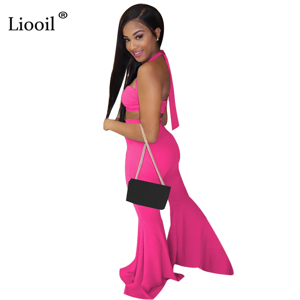 Liooil бодикон 2 шт сексуальный клубный женский комбинезон без рукавов без бретелек на шнуровке вечерние расклешенные брюки