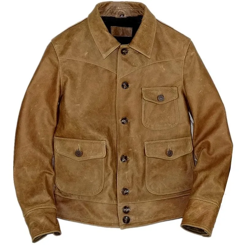 

Vintage Cowboy Cow Leather Jacket Slim Fit Lapel Single Breasted Outerwear Genuine Leather Biker Short Coat Mens Cargo Jackets