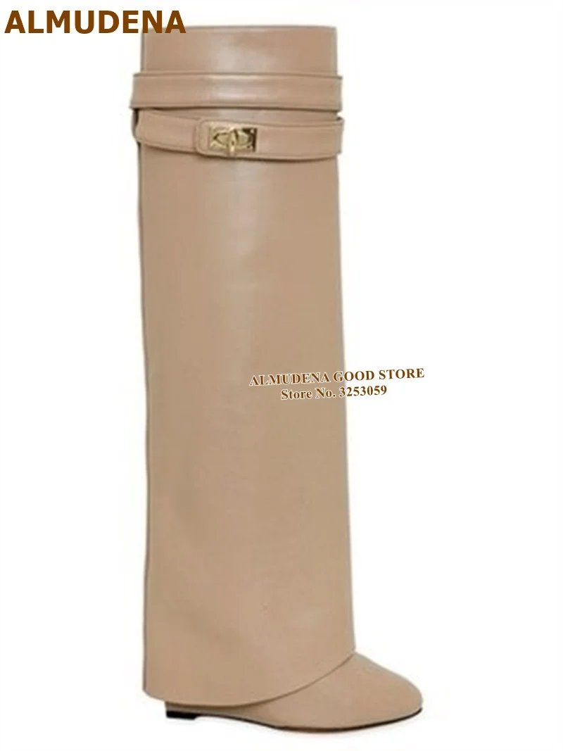 nude leather ALMUDENA/Новые высокие сапоги до колена из замши телесного цвета с замком в виде акулы высокие сапоги на танкетке с металлическим украшением Прямая поставка - Цвет: nude leather