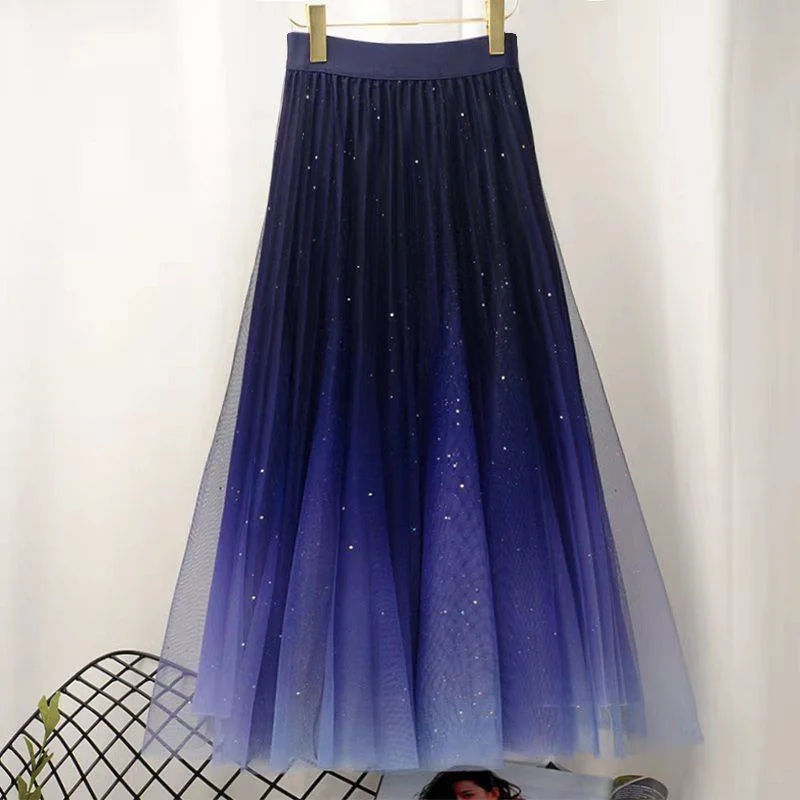 Длинная юбка из тюля с градиентом звездное небо Женская плиссированная сетчатая