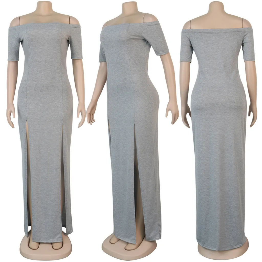 

Fashion Solid Split Long Dress Ladies Sexy Off Shoulder Bodycon Dress Sundress Women Casual Evening Party Dress Vestido de fest
