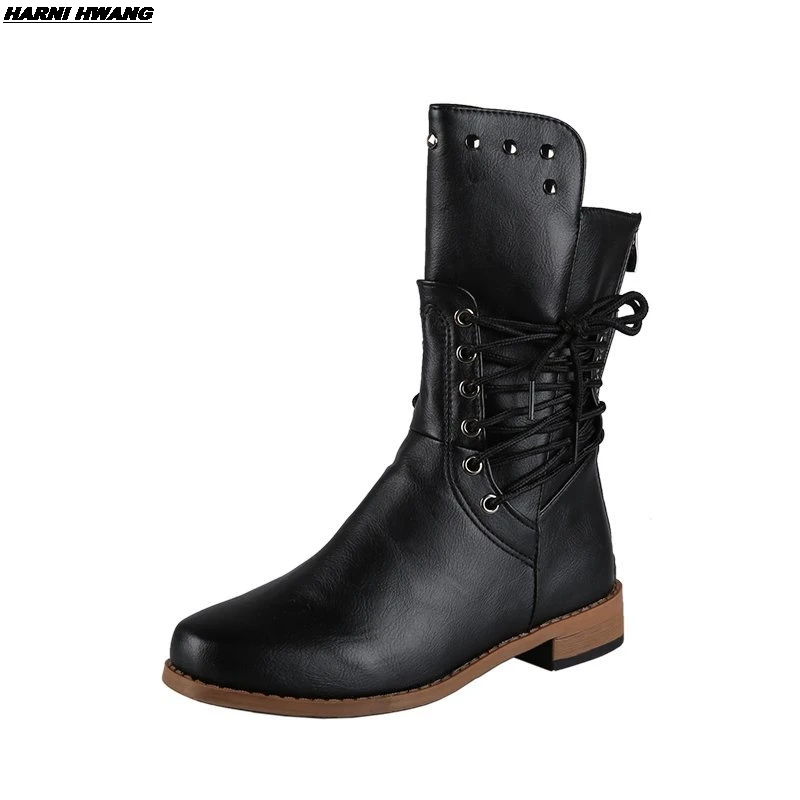 

2021 New Autumn New Style Round Toe Women's Heel Shoes Side Lace-up Women's Boots Pu Uppers Plus Size Women's Shoes Size 43
