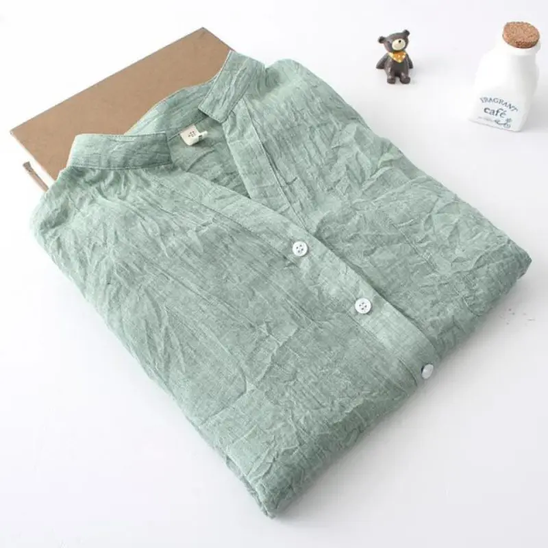 

Women Pocket Button Blouse New Women Fashion TopsLong Sleeve Stand Collar Blouses Cotton Linen Soft Blouse Thin Blusas T