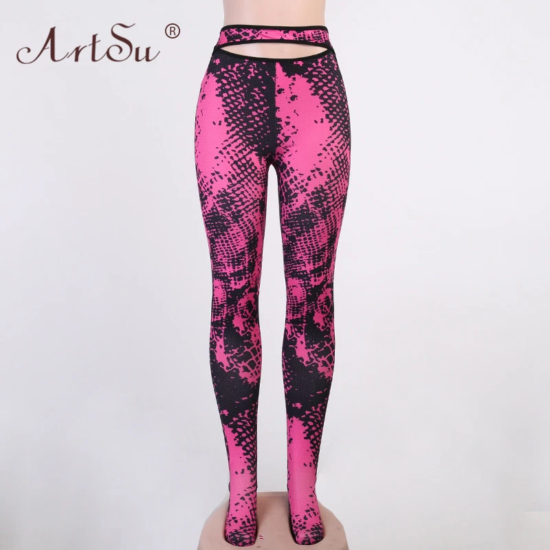 

ArtSu 2020 High Waist Hollow Out Snake Print Skinny Long Pants Autumn Winter Women Fashion Streetwear Trousers Green