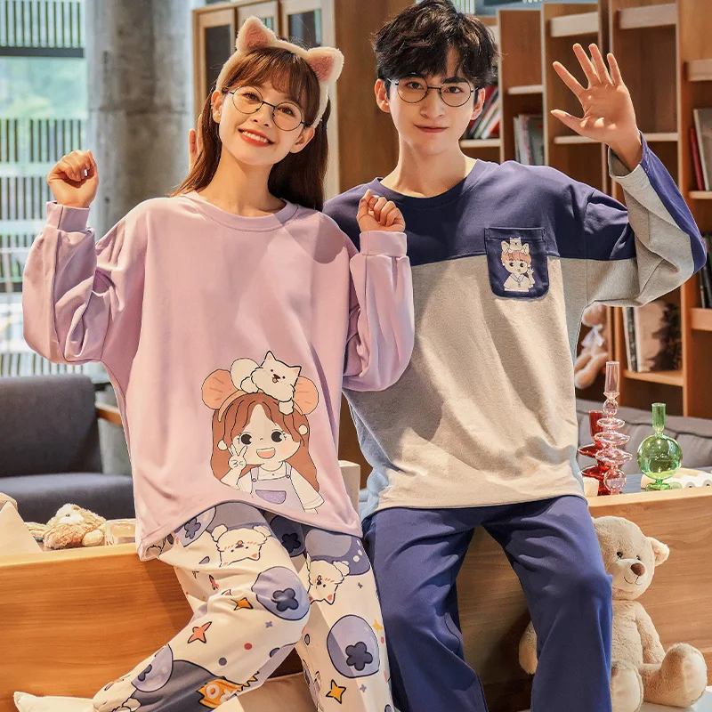 Новинка осенне-зимние хлопковые Пижамные комплекты для пар брюки с круглым