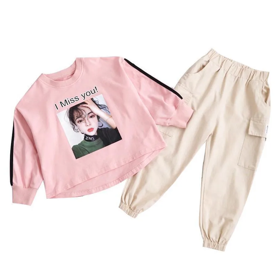 Осенний комплект одежды для девочек новинка 2020 года модная футболка с длинным