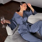 2021, однотонная одежда для сна, свободные расклешенные домашние штаны, рукав три четверти, Атласный халат, наборы, халат для женщин, пижама, модная весенняя