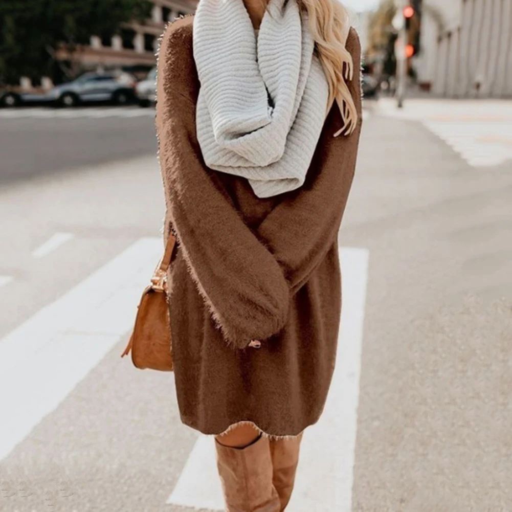 

woman dress 2020 Chic Women Autumn Solid Color O Neck Sweater Fluffy Loose Knee-length Dress dresses for women