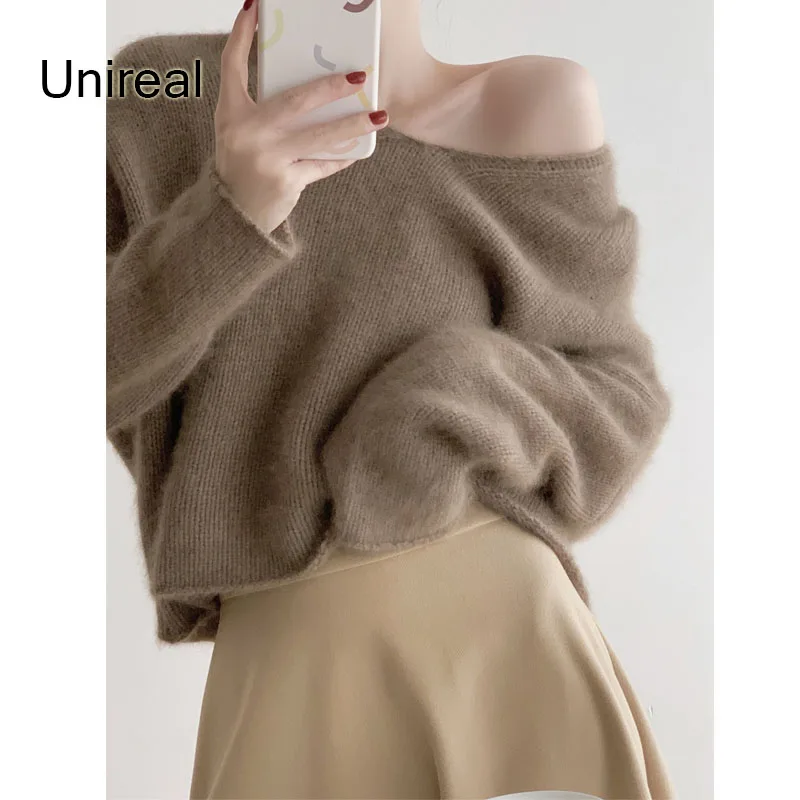 

Unireal 2022 Winter Women Casual Pullover Sweater Coffee Long Sleeve Comfortable Female Sexy Knitted Jumper