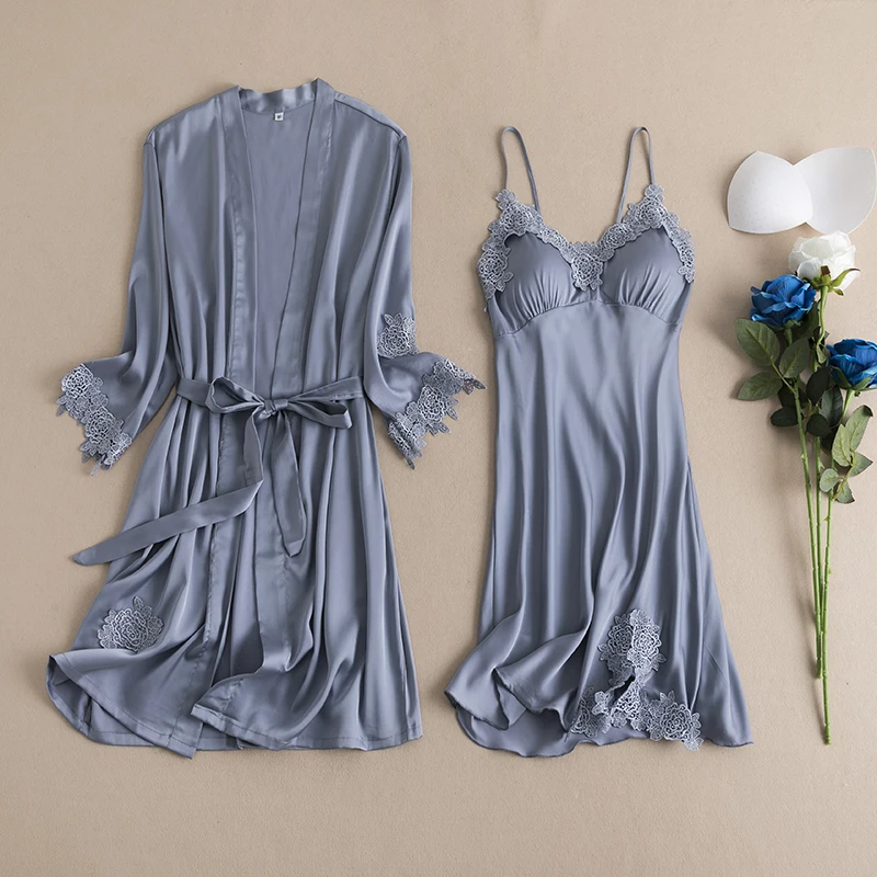 Женский летний ночной халат серого цвета пикантный костюм из 2 предметов на