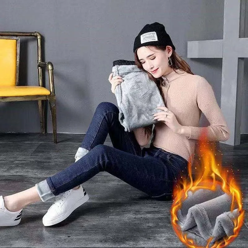 

Women's Winter High Waist 9-point Thickened Warm Plush Jeans Woman Small Feet Thickening Denim Pencil Pants Female Warm Jeans