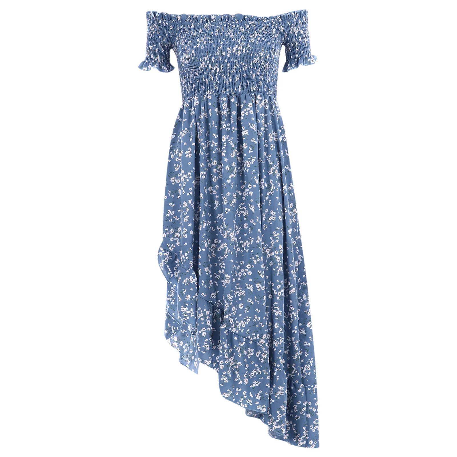 

Chiffon Split Long Dress Women Boho Casual Female Floral Printing Slash-Neck Short Sleeve Midi-dress Summer Beach Wear vestido