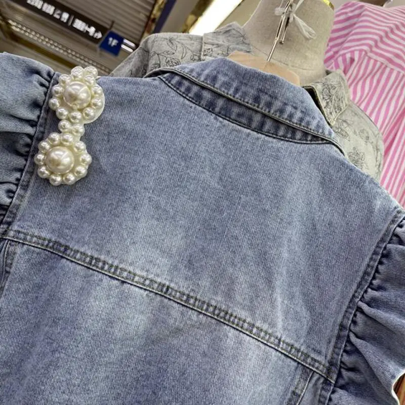 

Fashion Ruffle Spliced Jeans Vests Coat Female Casual Denim Jackets Cool Denim Vest Women Sleeveless Short Jacket Beaded