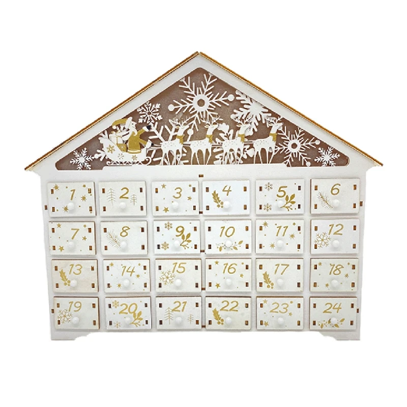 

K3NA Christmas Wooden Advent Calendar LED Light Snowflake Reindeer Countdown Drawer