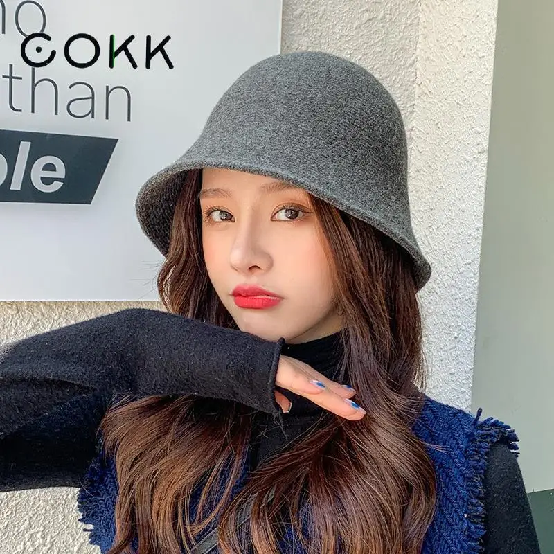 

Женская шерстяная шапка COKK, вязаная шапка в рыбацком стиле, зимняя шапка в Корейском стиле, Повседневная винтажная шапка Bob, Женская однотон...