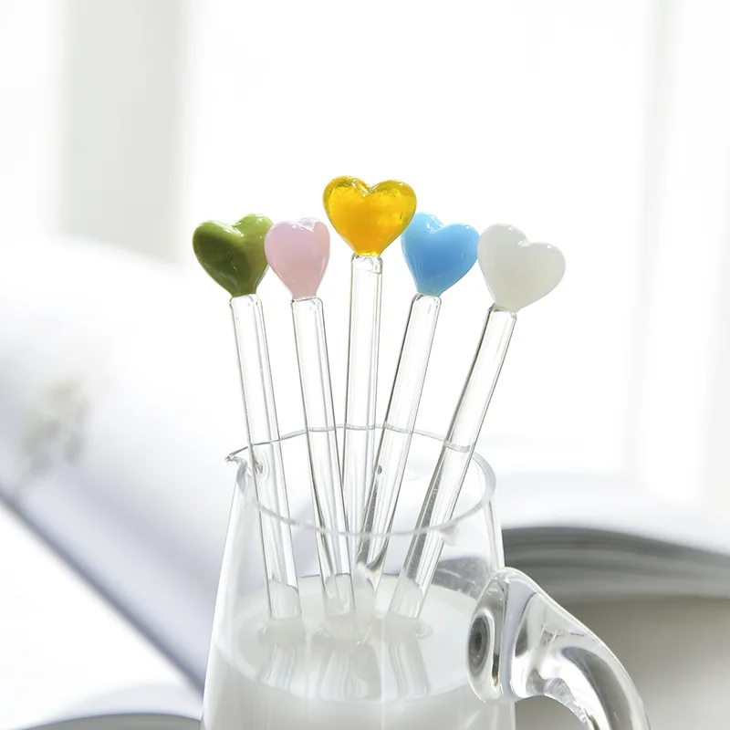 

Love Heart Colorful Glass Mixing Drink Milk Tea Stirring Stick Creative Long Handle Juice Coffee Dessert Seasoning Home Spoon